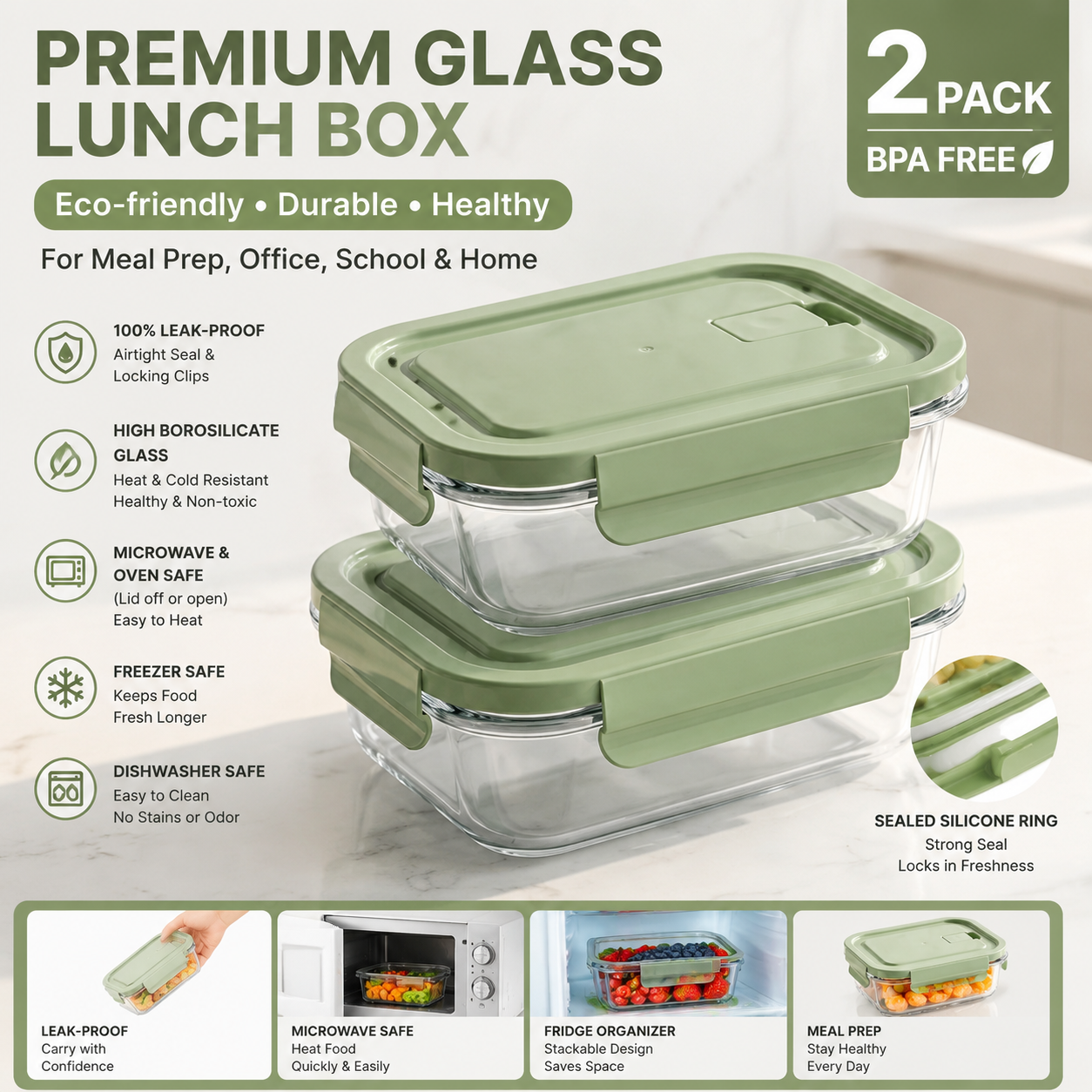Meal Prep Glass Containers Oven Safe - High Borosilicate Glass Lunch Box 2