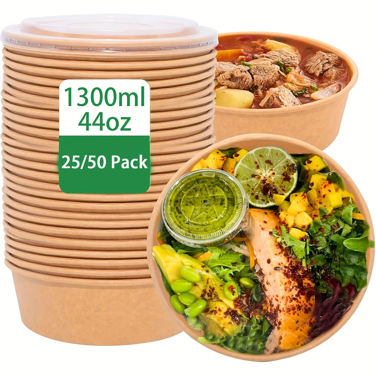 Meal Prep Plan - 44Oz/1300Ml 25/50 Pack Paper Bowls with