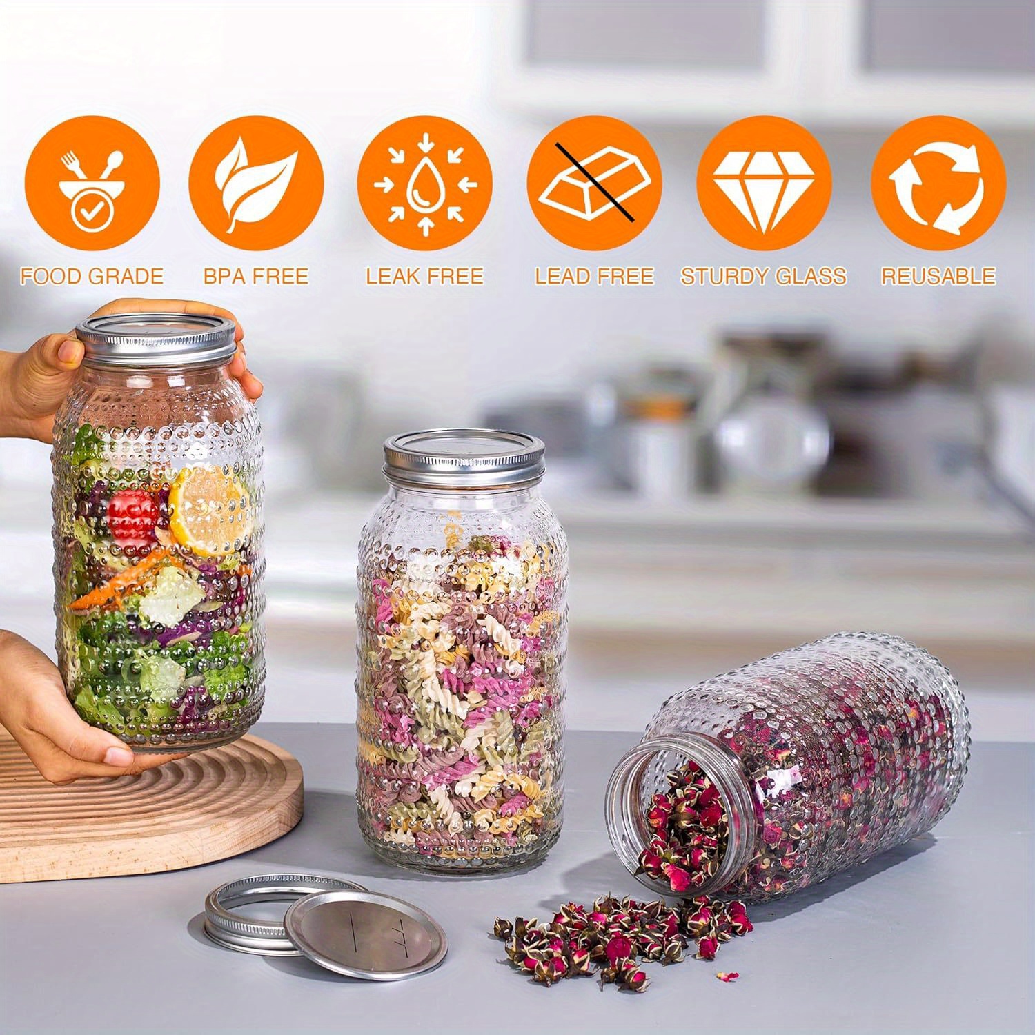 3pcs Mason Jars 64oz with Lids - Meal Prep Meal Ideas incelemesi ve fiyatı